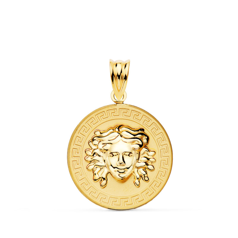 18K Medalla Oro Amarillo Medusa En Brillo Con Borde De Greca Matizada 20 Mm