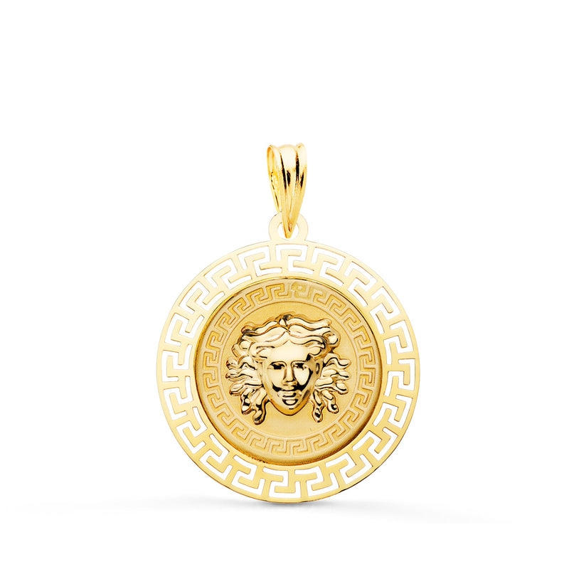 18K Medalla Oro Amarillo Medusa Con Borde Calada Y Greca Matizada 20 mm