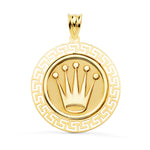 18K Medalla Oro Amarillo Corona Con Borde De Greca Calada. 27 mm