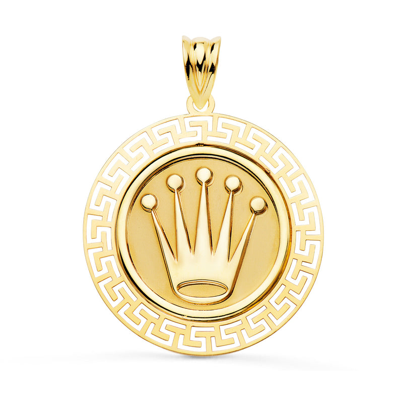 18K Medalla Oro Amarillo Corona Con Borde De Greca Calada. 27 mm