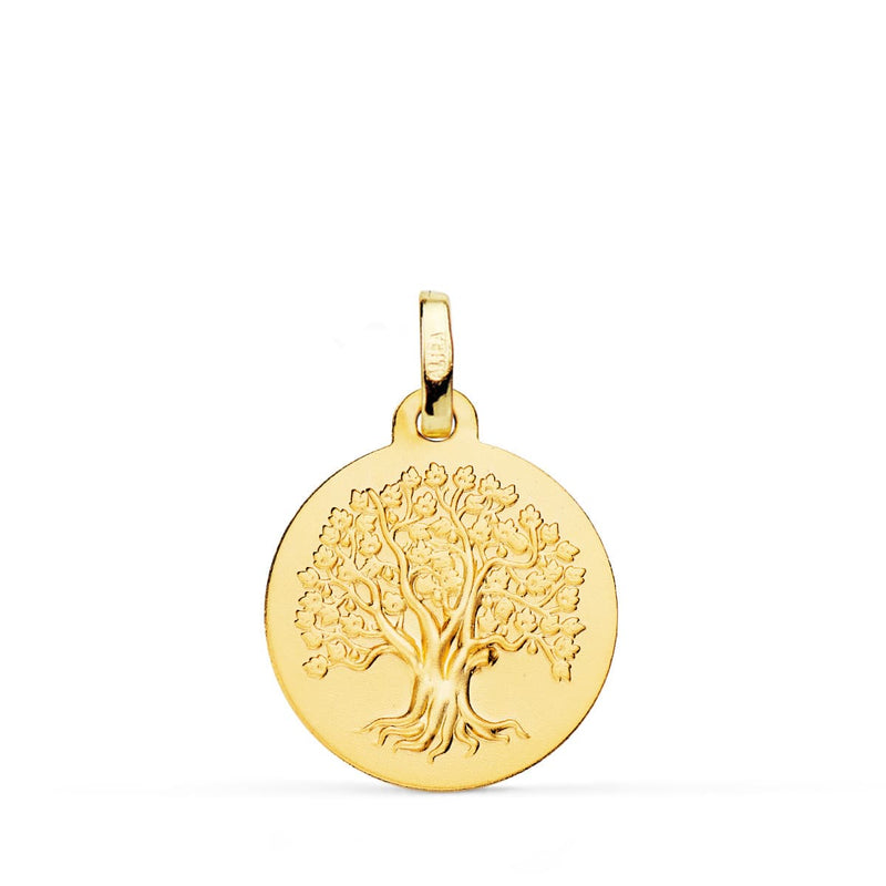 18K Medalla Oro Amarillo Arbol De La Vida Matizada 18 Mm