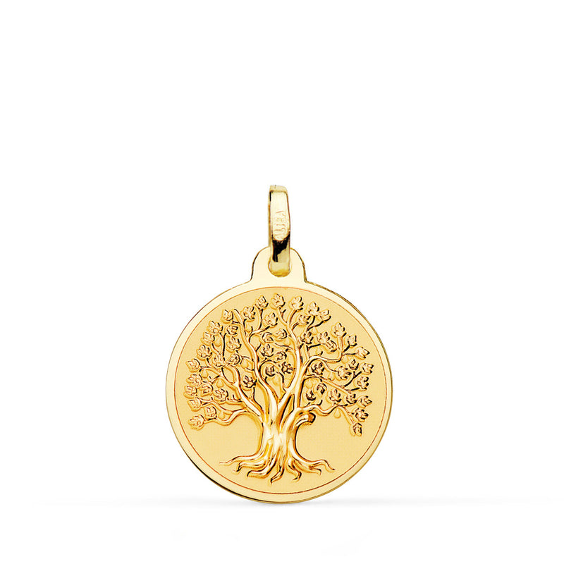 18K Medalla Oro Amarillo Arbol De La Vida En Brillo Y Fondo Matizado 18 Mm
