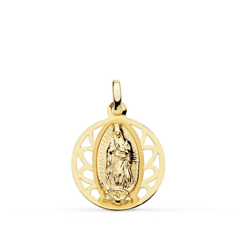 18K Yellow Gold Virgin of Guadalupe Medal Openwork Frame 18 mm