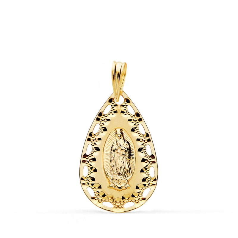 18K Yellow Gold Virgin of Guadalupe Medal Openwork and Carved Frame 22x14 mm
