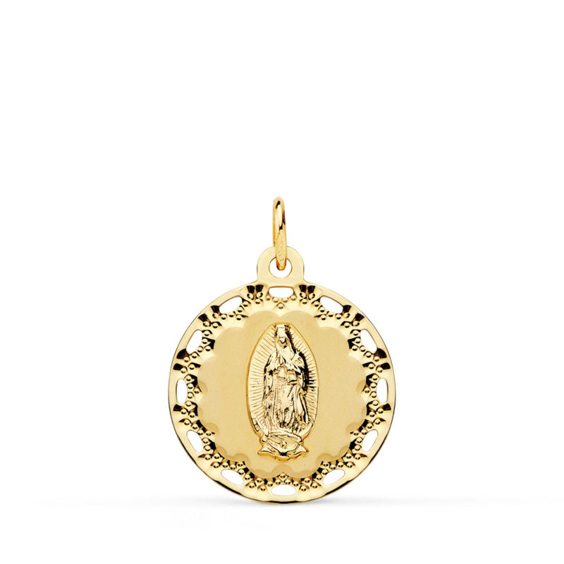 18K Yellow Gold Virgin of Guadalupe Medal Openwork and Carved Frame 18 mm