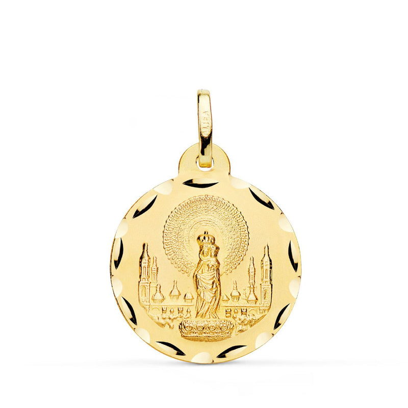 18K Yellow Gold Virgen Del Pilar Medal Carved 22 mm
