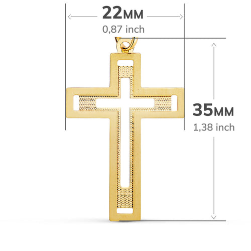 Croix sans Christ en Or Jaune 18K Sculptée et Nuancée 35x22 mm