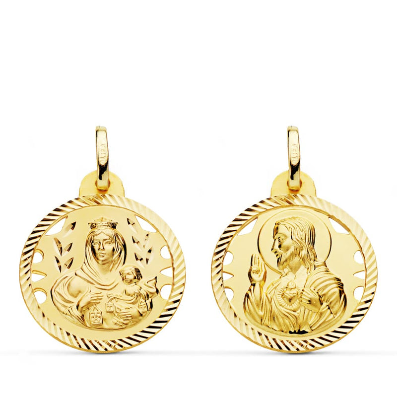 18K Escapulario Oro Amarillo Helice Calado Virgen Carmen Y Corazon De 20 mm