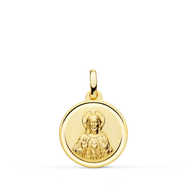 18K Medalla Cristo Sagrado Corazon Jesus Bisel 16 mm