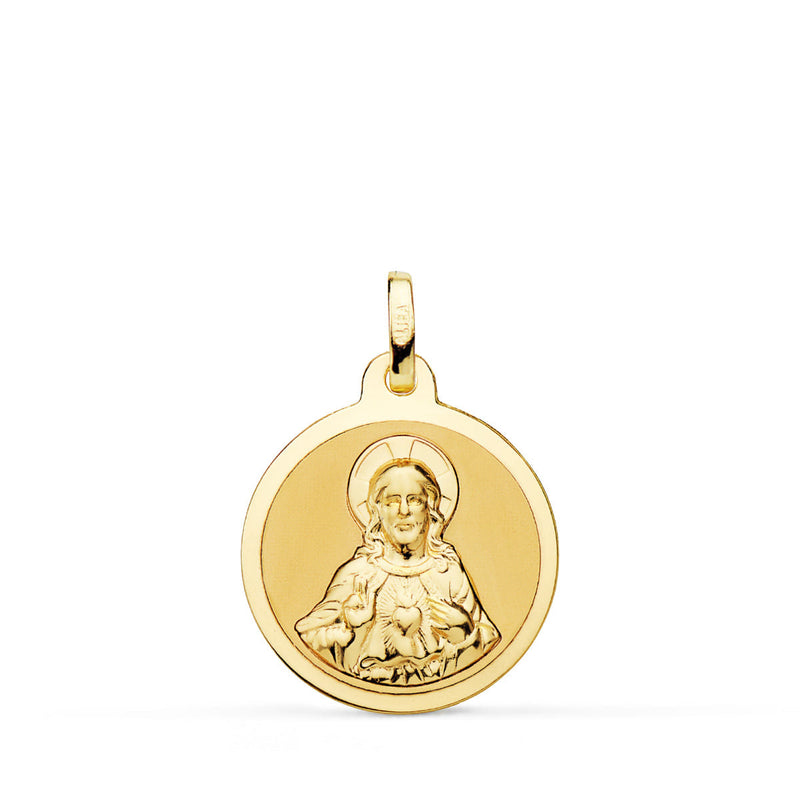 18K Yellow Gold Medal Sacred Heart of Jesus Matte and Shiny 18 mm