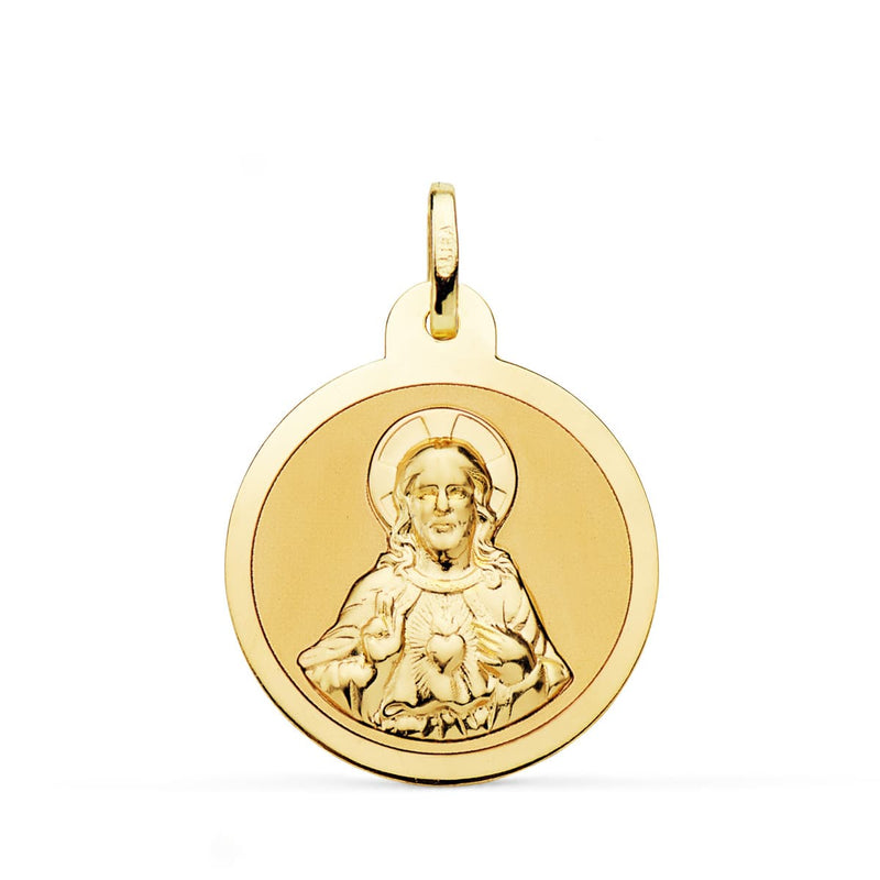 18K Escapulario Oro Amarillo Virgen Del Carmen Y Corazon De Jesus En Brillo 24 mm