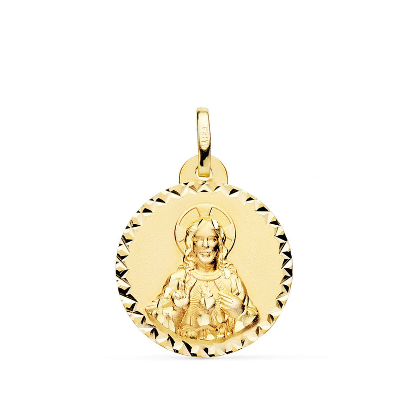 18K Medalla Cristo Sagrado Corazon Jesus Brillo Talla Cruzada 20 mm
