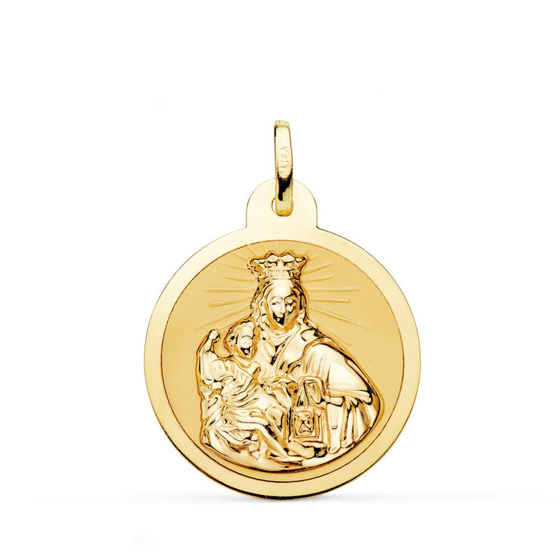 18K Escapulario Oro Amarillo Virgen Del Carmen Y Corazon De Jesus En Brillo 24 mm