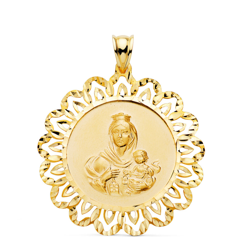 18K Medalla Oro Amarillo Virgen Del Carmen Cerco Tallado 34X34 Mm