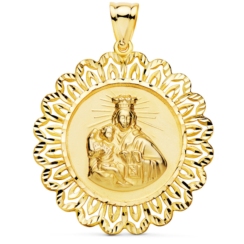 18K Medalla Virgen Del Carmen Cerco Filigrana Tallado 37X37 Mm