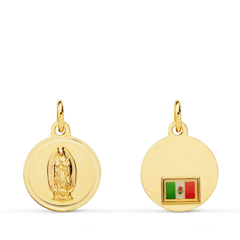 18K Yellow Gold Virgin of Guadalupe Medal with Flag on Bezel 14 mm