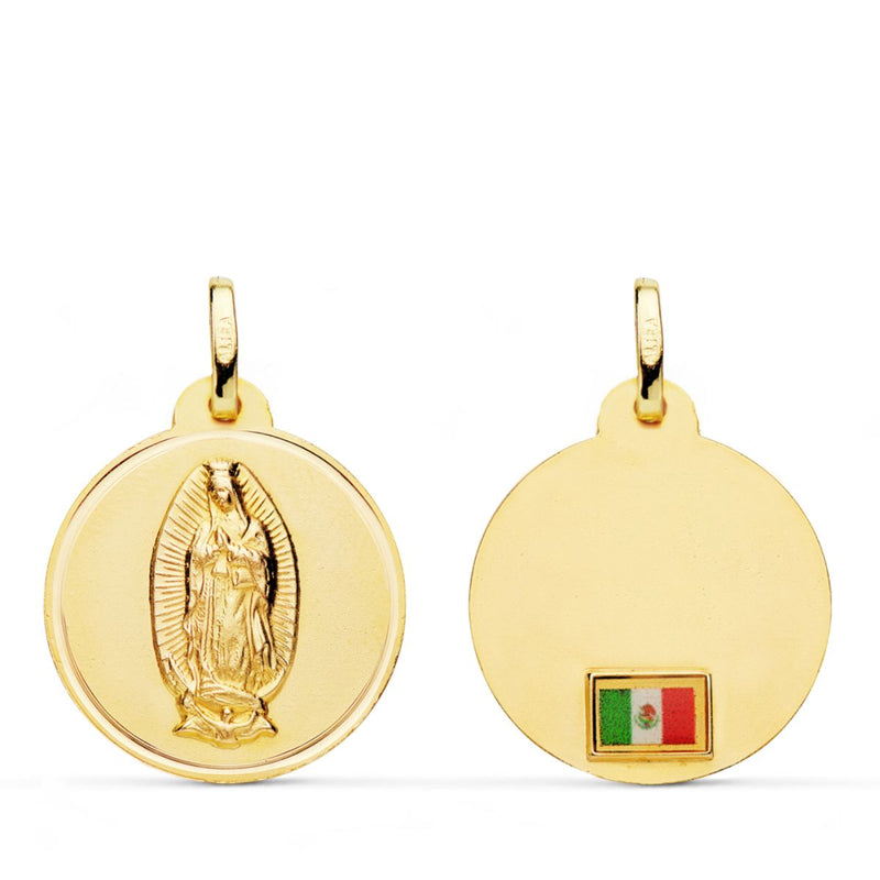 18K Yellow Gold Virgin of Guadalupe Medal with Flag on Bezel 20 mm