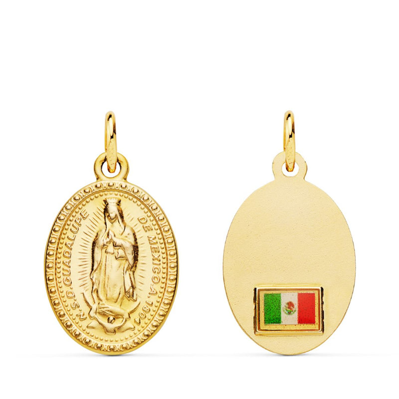 18K Medalla Oro Amarillo Virgen Guadalupe Oval Con Bandera 18x14 mm