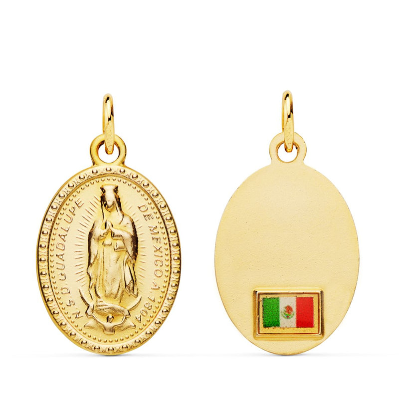 18K Medalla Oro Amarillo Virgen Guadalupe Oval Con Bandera 20x15 mm