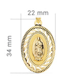 18K Yellow Gold Virgin Guadalupe Medal Openwork and Carved Fence. 34x22mm