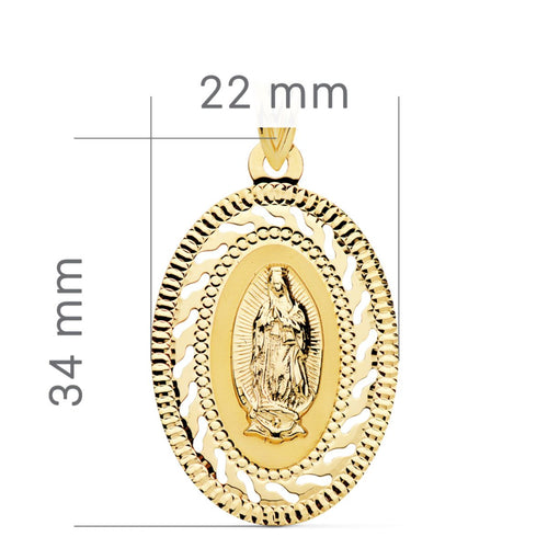 18K Yellow Gold Virgin Guadalupe Medal Openwork and Carved Fence. 34x22mm