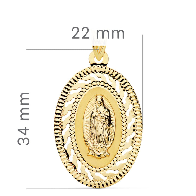 18K Yellow Gold Medal Virgin Guadalupe Openwork and Carved Border. 34 x 22 mm