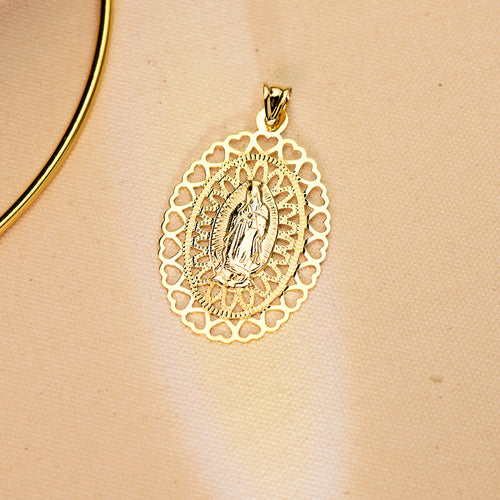 Médaille Or Jaune 18K Vierge de Guadalupe Ovale 50x35 mm Cadre Coeur