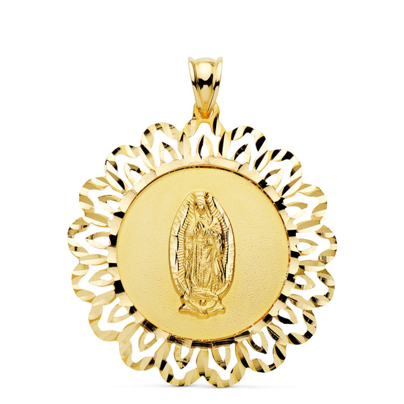 18K Medalla Oro Amarillo Virgen Guadalupe Cerco Tallado 37x34 mm