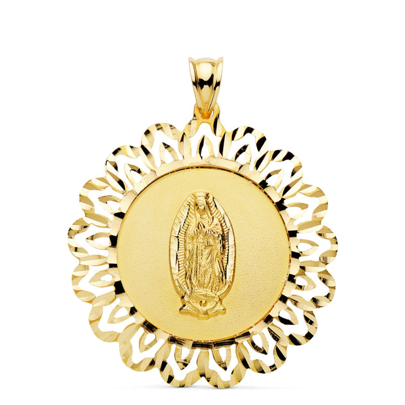 18K Yellow Gold Virgin Guadalupe Medal Carved Cerco 37x34 mm