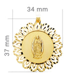 18K Medalla Oro Amarillo Virgen Guadalupe Cerco Tallado 37x34 mm