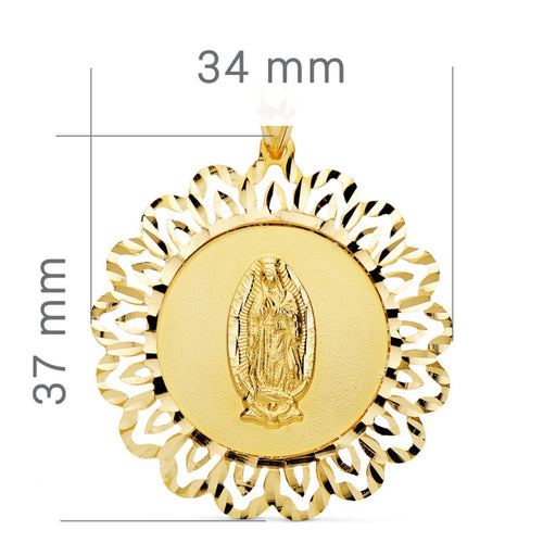 18K Yellow Gold Virgin Guadalupe Medal Carved Cerco 37x34 mm
