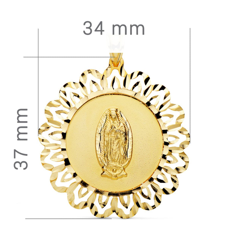 18K Medalla Oro Amarillo Virgen Guadalupe Cerco Tallado 37x34 mm