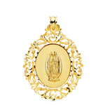 18K Medalla Oro Amarillo Virgen Guadalupe Cerco Filigrana 39x30 mm