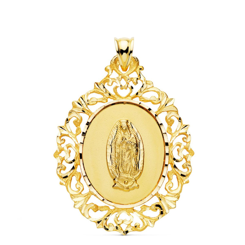 18K Yellow Gold Virgin Guadalupe Medal Filigree Frame 39x30 mm