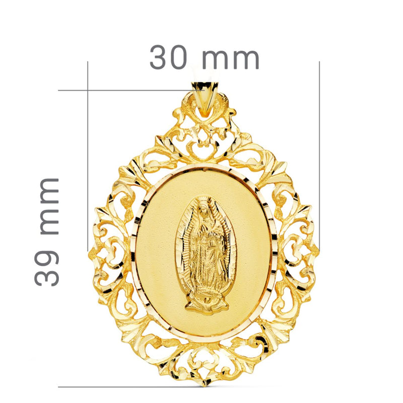 18K Medalla Oro Amarillo Virgen Guadalupe Cerco Filigrana 39x30 mm