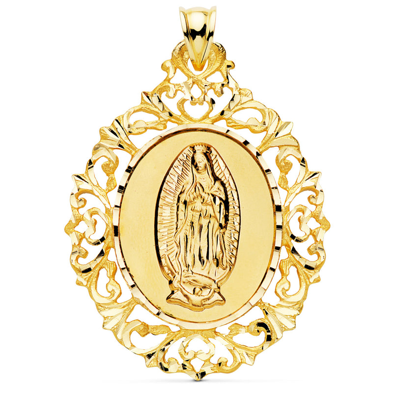 18K Virgin Guadalupe Medal Filigree Border 51x40 mm