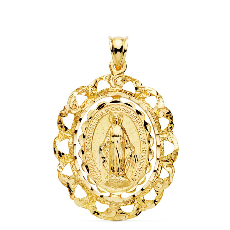 18K Medalla Oro Amarillo Virgen Milagrosa Cerco Filigrana Tallado 30x25 mm