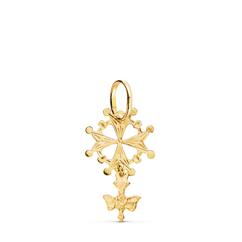 18K Yellow Gold Huguenotte Cross with Dove. 24x14mm