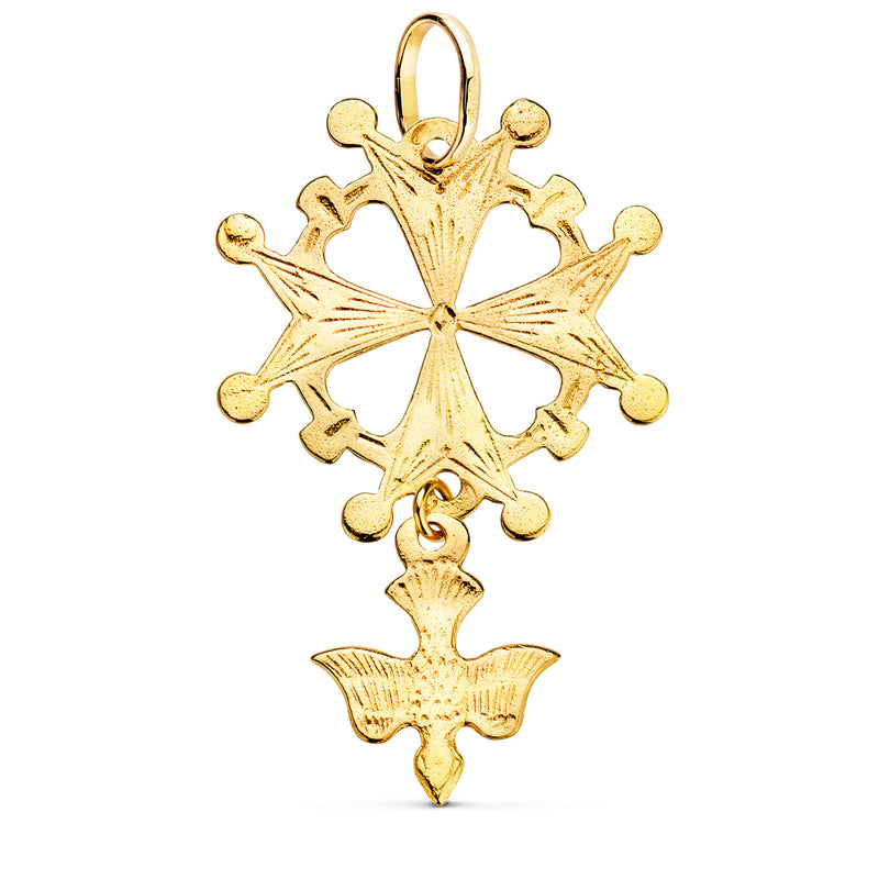 18K Yellow Gold Huguenotte Cross with Dove. 40x25mm