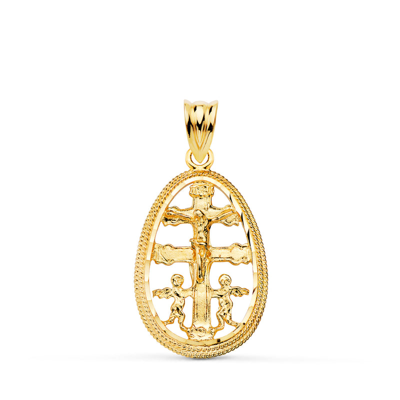 18K Yellow Gold Caravaca Cross Pendant Carved Oval Fence. 23 x 16mm