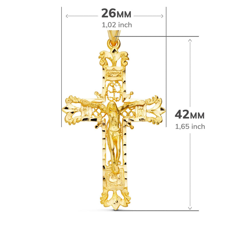 Croix Filigranée En Or Jaune 18 Carats Avec Christ Sculpté 42x27 mm