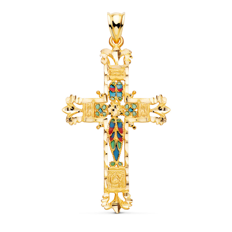 Cathédrale en vitrail en forme de croix en or jaune 18 carats, bords sculptés. 40x25mm