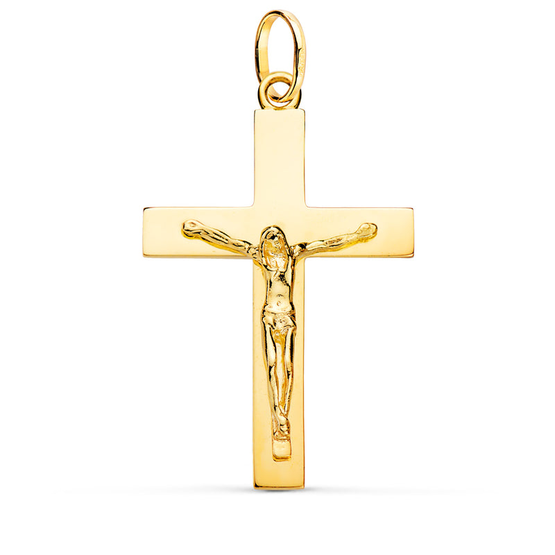 Croix Christ en Or Jaune 18 Carats Bâton Rectangulaire Massif Brillant 38 x 24 mm