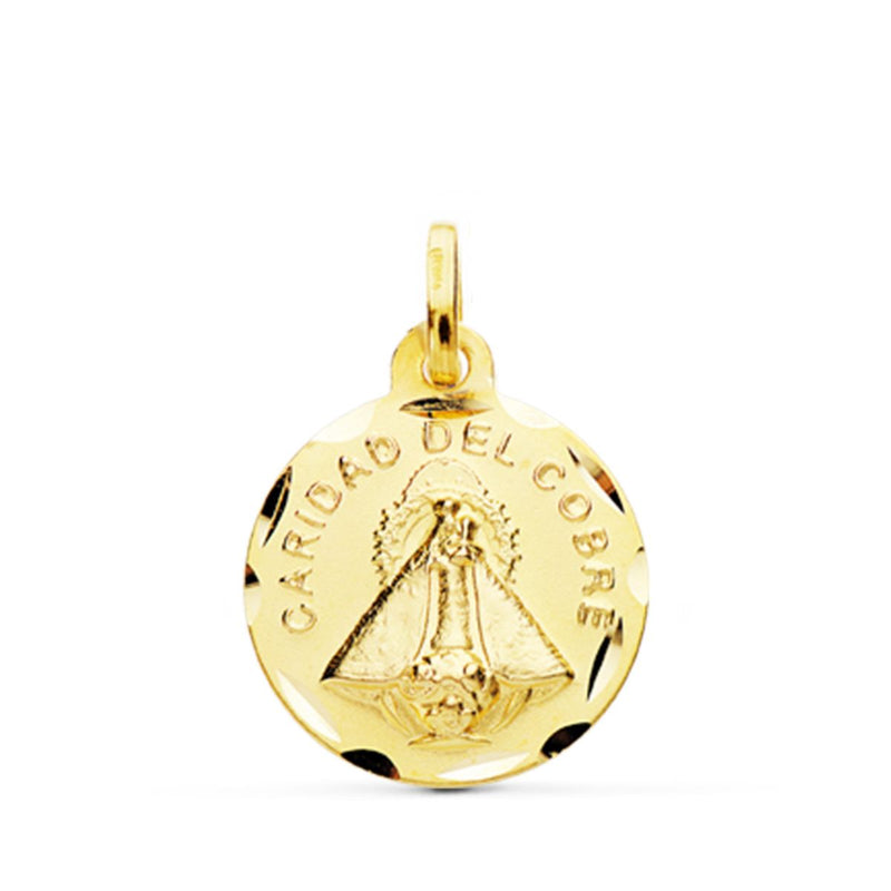 18K Yellow Gold Virgin of Charity Copper Medal Carved 14 mm