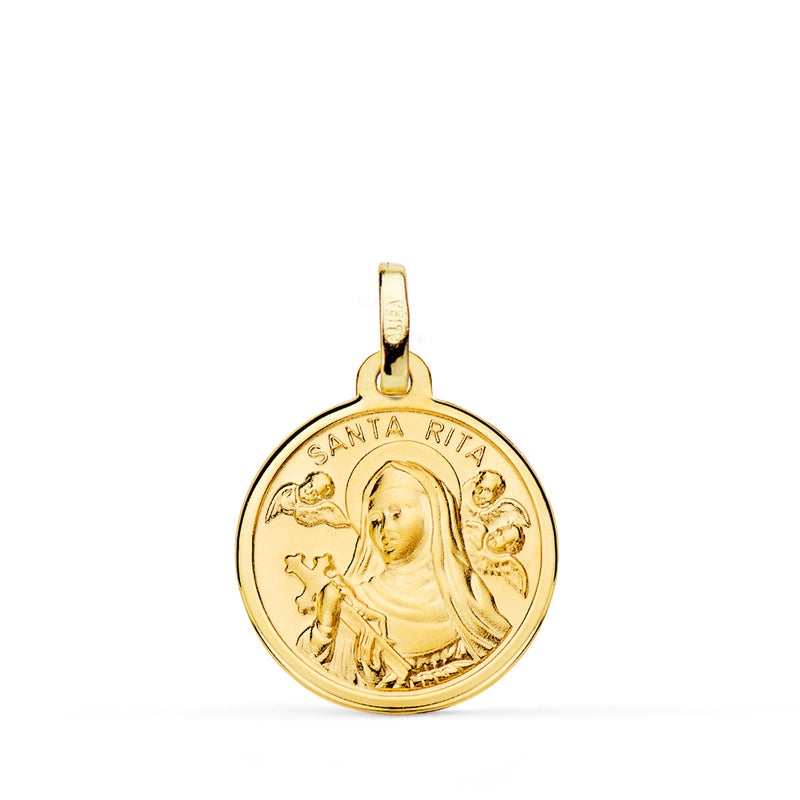 18K Medalla Oro Amarillo Santa Rita Filo Pulido 18 mm