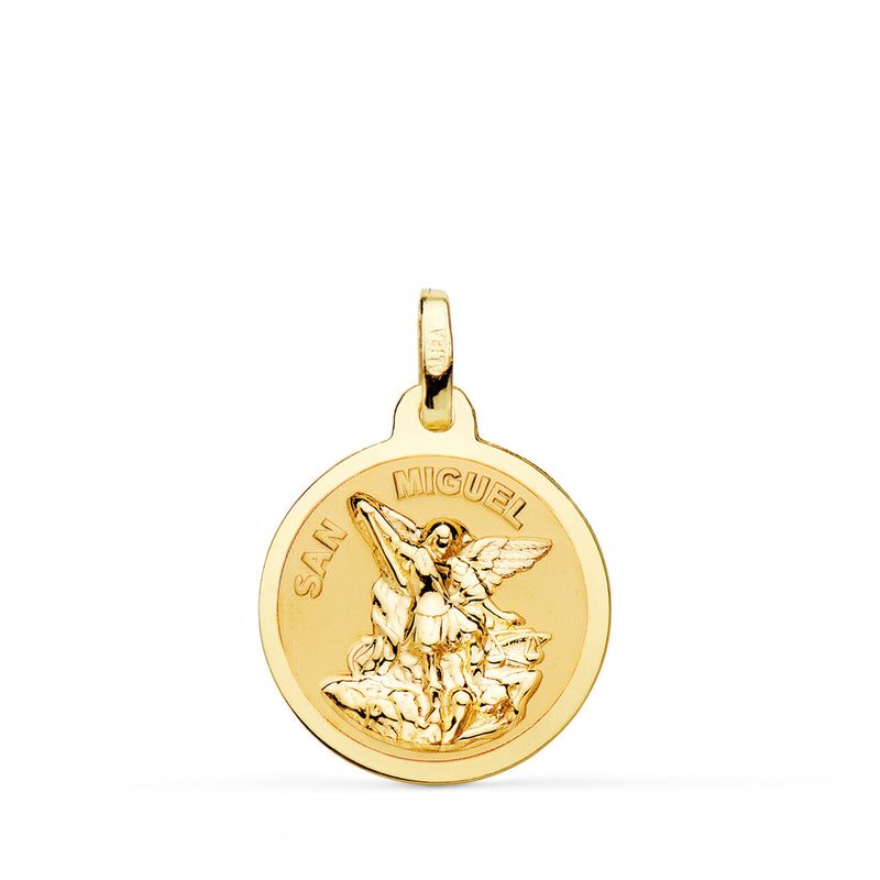 18K Medalla Oro Amarillo San Miguel Brillo Y Mate 18 mm