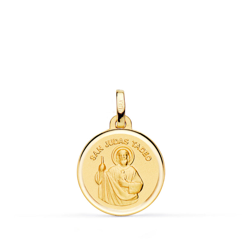 18K Medalla Oro Amarillo San Judas Tadeo Bisel Espalda Lisa 16 Mm