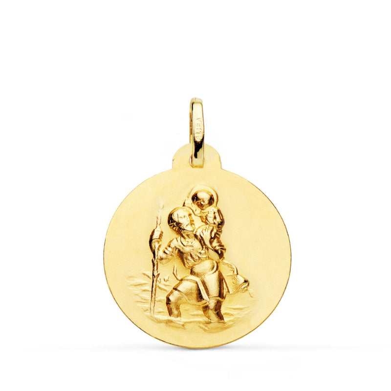 18K Yellow Gold Saint Christopher Medal Smooth Matted 22 mm