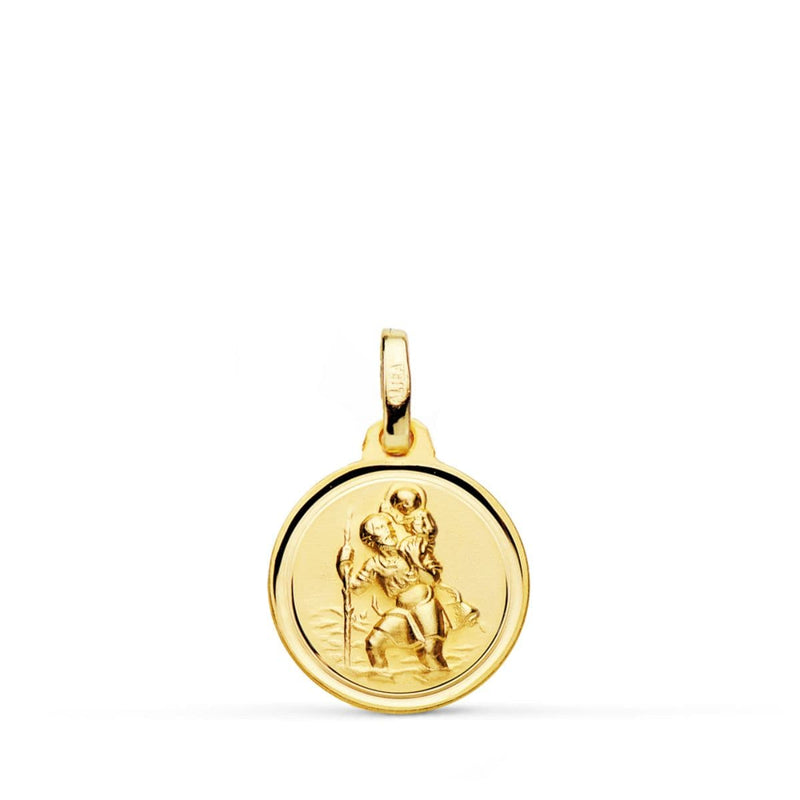18K Medalla Oro Amarillo San Cristobal Matizado Bisel 14 mm