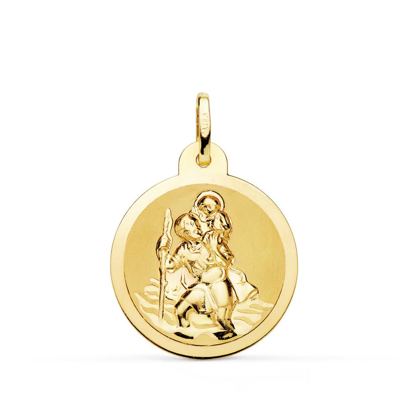 18K Yellow Gold Saint Christopher Medal Shiny and Matte 22 mm